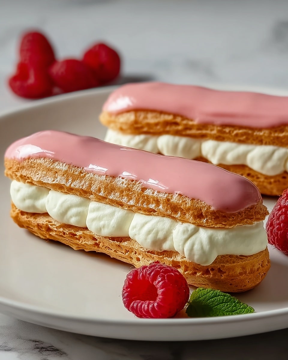 Two rectangular éclairs sit on a white plate with a white marbled texture surface, each with three layers: the bottom layer is a golden-brown choux pastry with a slightly rough texture, the middle layer is a thick, piped white cream filling with a smooth, soft look, and the top layer is a shiny pink glaze with a glossy finish covering the pastry. Around the éclairs, there are bright red raspberries and a small green mint leaf, adding fresh color to the scene. Photo taken with an iphone --ar 4:5 --v 7