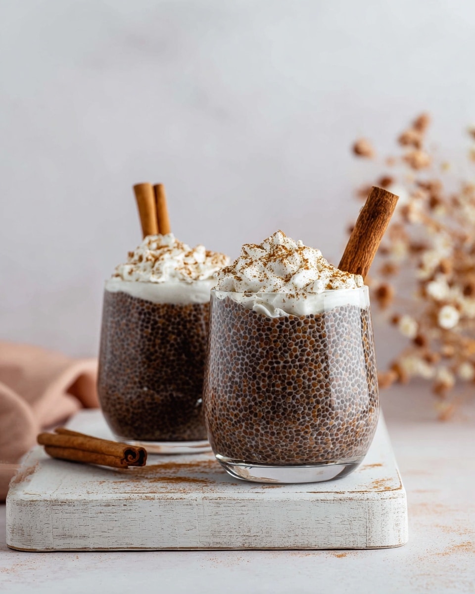 A clear glass filled with a thick, dark brown chia pudding layered with visible chia seeds throughout, giving it a textured look. On top, there is a generous swirl of white whipped cream with a light dusting of cinnamon powder, adding a soft contrast to the dark pudding. Two cinnamon sticks are placed upright in the pudding near one side. The glass is set on a white marbled surface with a soft pinkish-white blurred background. photo taken with an iphone --ar 4:5 --v 7