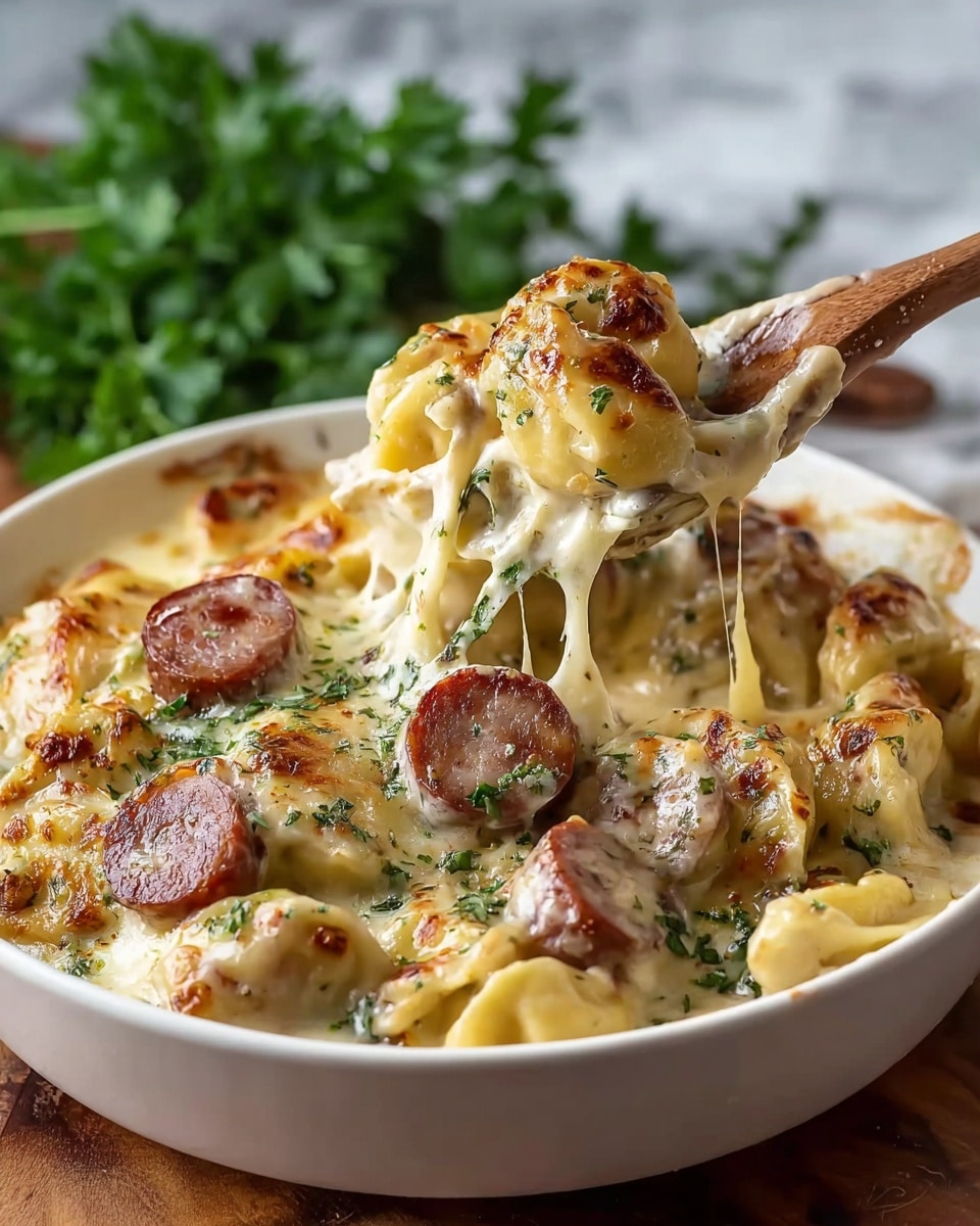 The dish shows a white bowl filled with a creamy baked pasta with slices of browned sausage evenly mixed throughout. The pasta pieces are large and round with a golden-brown crust on top, covered in melted, bubbly cheese that stretches as a wooden spoon lifts a portion. Small green herbs are sprinkled over the pasta and sausage, adding color contrast. The bowl sits on a wooden surface with a blurred bunch of fresh green parsley in the background over a white marbled texture. photo taken with an iphone --ar 4:5 --v 7