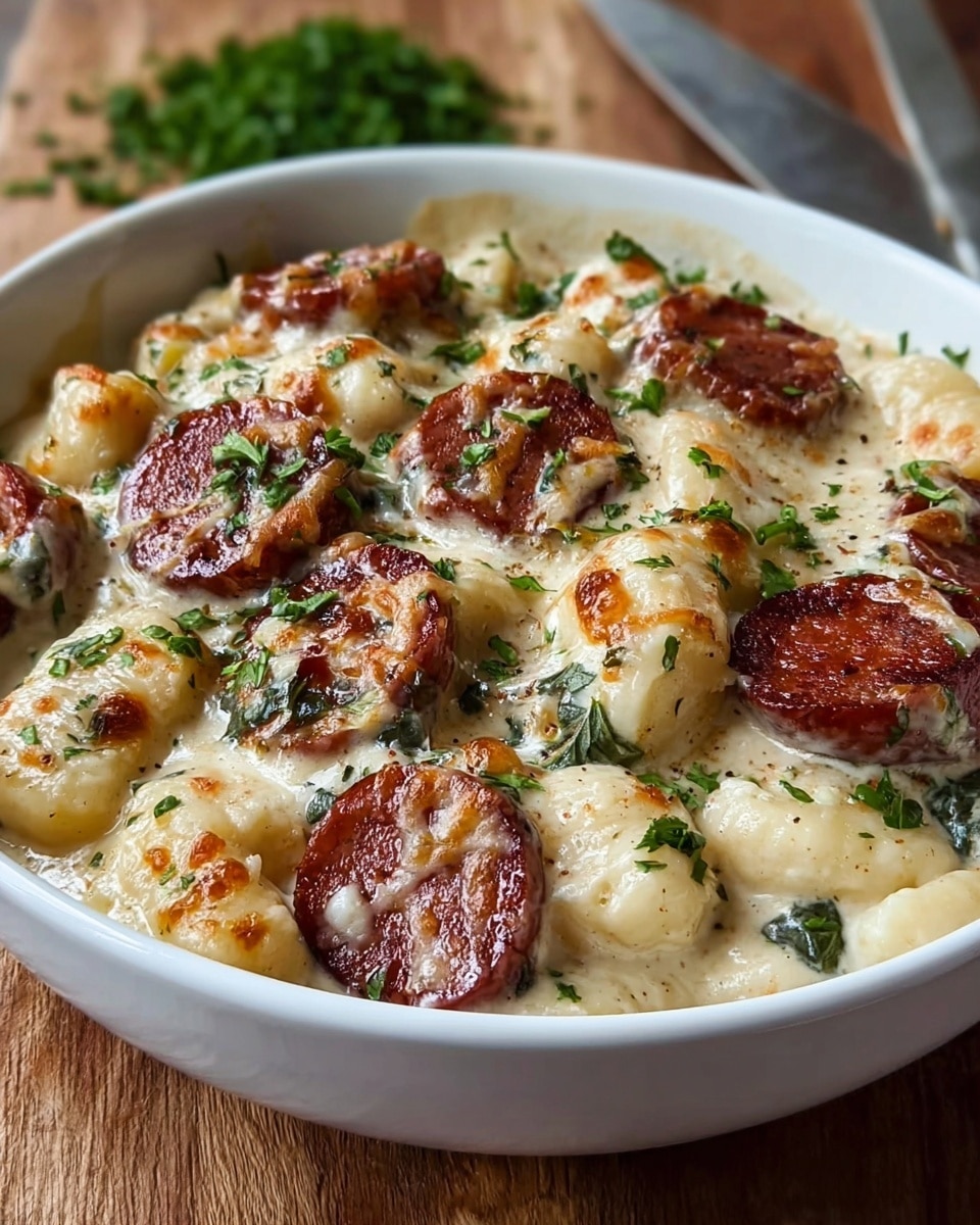 A white bowl filled with a creamy, cheesy dish that has around two main layers: a base of soft, white gnocchi pieces covered in a thick pale cream sauce, topped with browned slices of sausage that have a deep reddish-brown color and a slightly crispy texture. The entire dish is sprinkled with small green herb leaves, adding a fresh touch. The cheese on top has golden-brown spots, showing it is melted and slightly grilled. The bowl sits on a wooden surface with chopped green herbs blurred in the background. Photo taken with an iphone --ar 4:5 --v 7