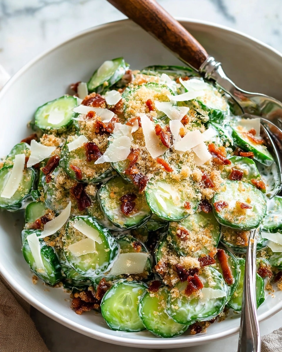 A close-up of a creamy cucumber salad served in a white bowl on a white marbled surface. The salad has three main layers: the bottom layer consists of thickly sliced bright green cucumbers with a smooth, wet texture; the middle layer is a white creamy dressing lightly coating the cucumbers; the top layer is made up of light brown toasted breadcrumbs, small dark red bacon bits, and thin, off-white shaved cheese pieces scattered unevenly on top. A silver fork with a wooden handle rests inside the bowl, adding a rustic touch. photo taken with an iphone --ar 4:5 --v 7