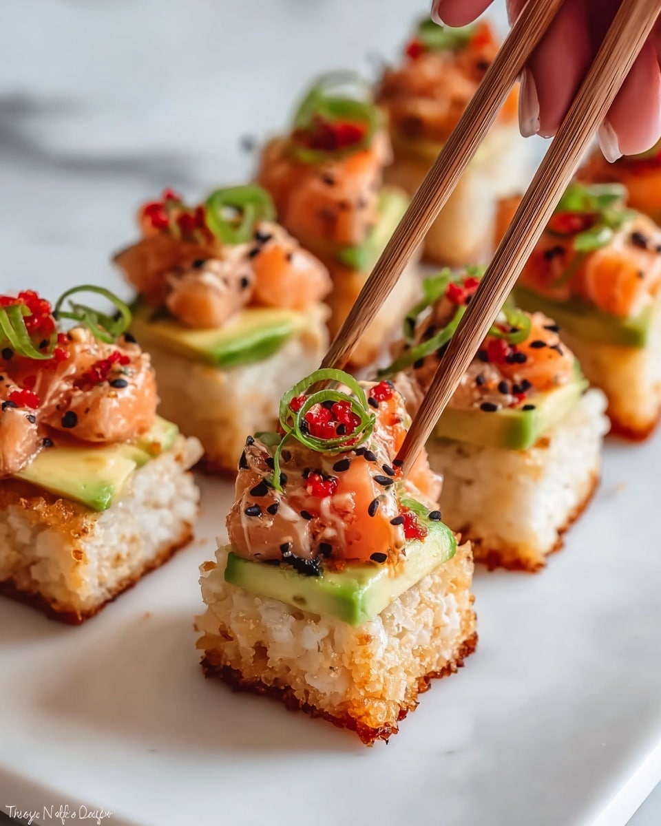 Small rectangular sushi pieces are arranged on a white plate with a white marbled surface background. Each piece has three layers: the bottom layer is golden brown and crispy rice, the middle layer is a smooth, light green avocado slice, and the top layer is a mix of raw salmon chunks coated in a light sauce, sprinkled with black sesame seeds and small red chili bits, and topped with thin green onion rings. Two wooden chopsticks are picking up one piece, held by a woman's hand. The image has a close-up view highlighting the textures and colors of the sushi. photo taken with an iphone --ar 4:5 --v 7