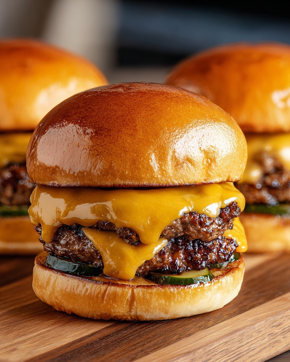 A close-up of a cheeseburger showing three main layers inside a shiny golden brown bun: the top bun is smooth and glossy, followed by a thick layer of melted orange cheese dripping slightly over the edges of a juicy, dark brown grilled beef patty, which sits on top of a layer of green pickles and a bottom bun that is toasted and slightly crispy. The burger is placed on a wooden surface with two similar burgers blurred in the background. Photo taken with an iphone --ar 4:5 --v 7