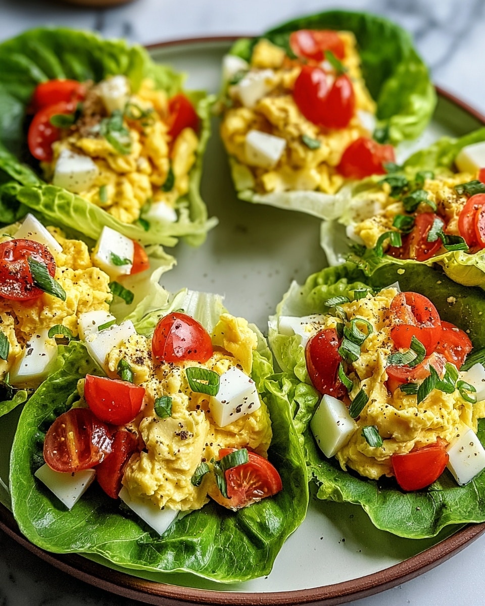 The image shows a dark plate on a white marbled surface holding several lettuce cups filled with scrambled eggs, chopped red tomatoes, and small white cheese cubes topped with black pepper. Each cup has a large green leafy lettuce base, a middle layer of soft, yellow scrambled eggs mixed with the other ingredients, and a sprinkle of diced tomatoes and cheese on top, creating a colorful and fresh look. photo taken with an iphone --ar 4:5 --v 7