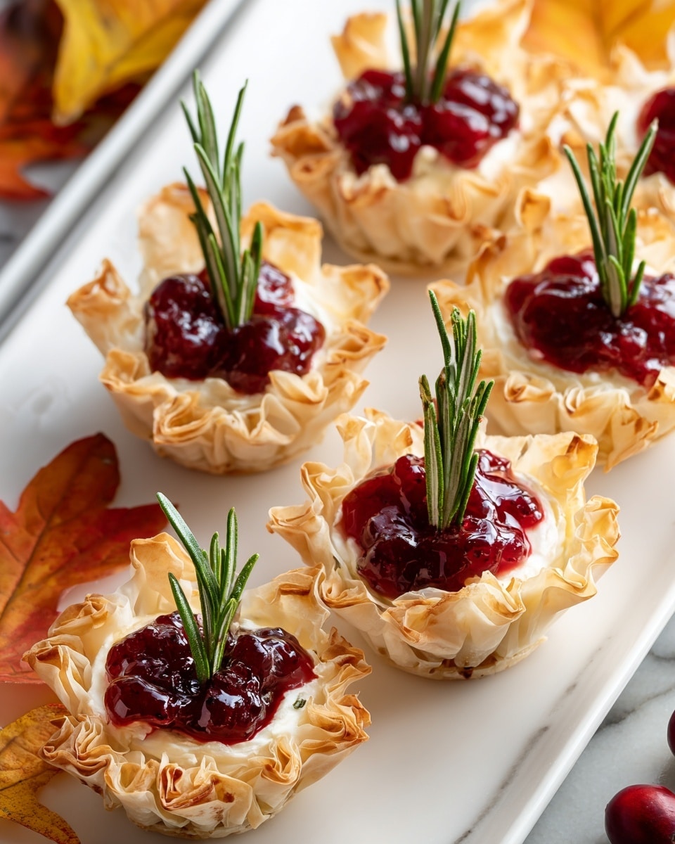 Six small tartlets sit on a long, white rectangular plate with a white marbled texture beneath. Each tartlet has a crispy, light golden-brown phyllo dough shell with ruffled edges. Inside, there is a layer of creamy white cheese topped with a glossy, deep red cranberry sauce. A fresh green rosemary sprig stands upright in the center of each tartlet, adding a pop of color. Around the plate, there are bright orange and yellow autumn leaves scattered softly. Photo taken with an iphone --ar 4:5 --v 7