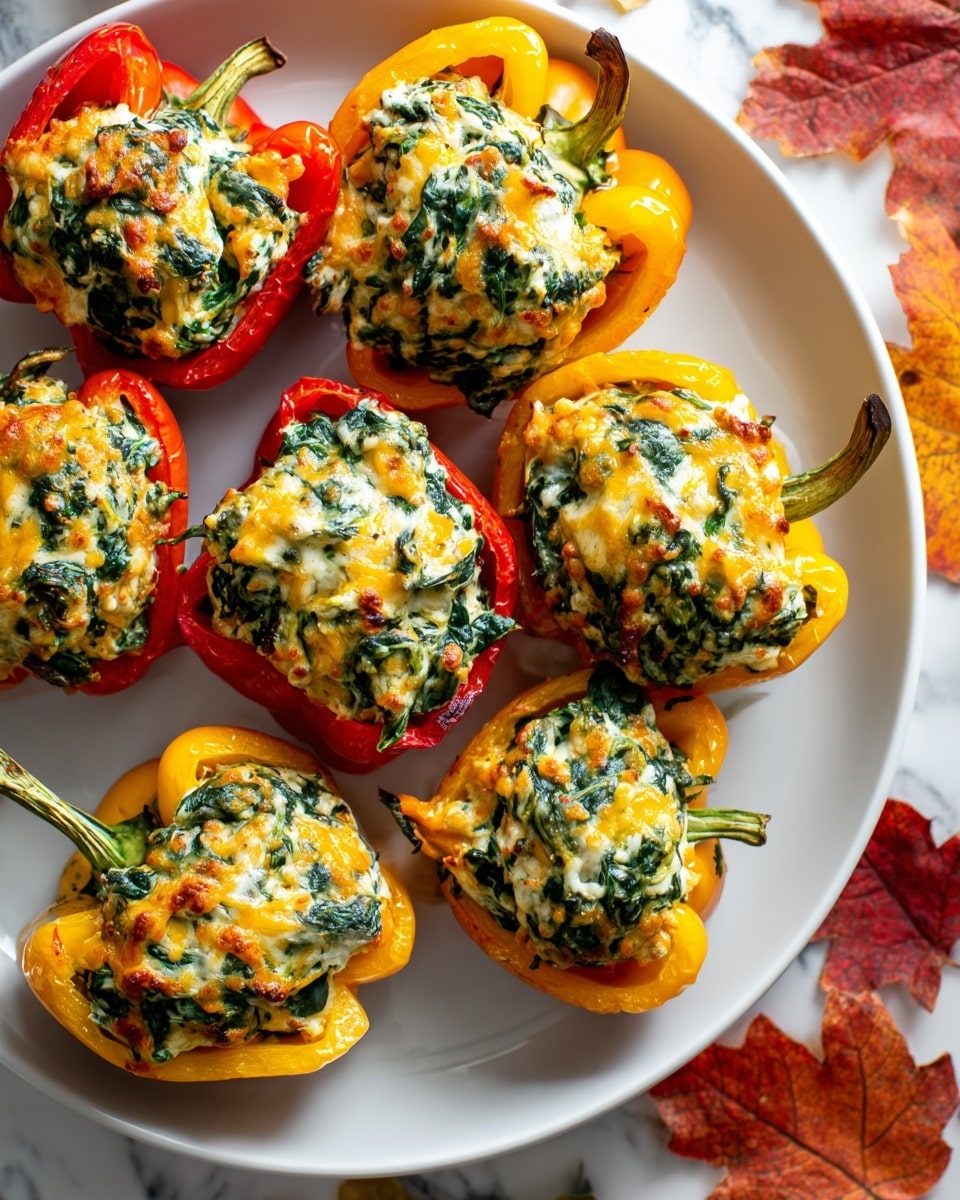 The dish shows eight stuffed bell pepper halves in a white plate, placed on a white marbled surface with scattered orange, red, and brown autumn leaves. There are four red and four yellow bell peppers, each cut in half and filled with a mix of finely chopped dark green spinach and melted light yellow cheese with a slightly golden toasted top. The filling is heaped above the edges of the pepper halves, giving the dish a layered look with the vibrant shiny pepper skin on the bottom and the textured cheesy spinach on top. The image is bright and colorful, emphasizing the contrast between the yellow and red peppers and the rich green and golden spinach cheese filling. photo taken with an iphone --ar 4:5 --v 7