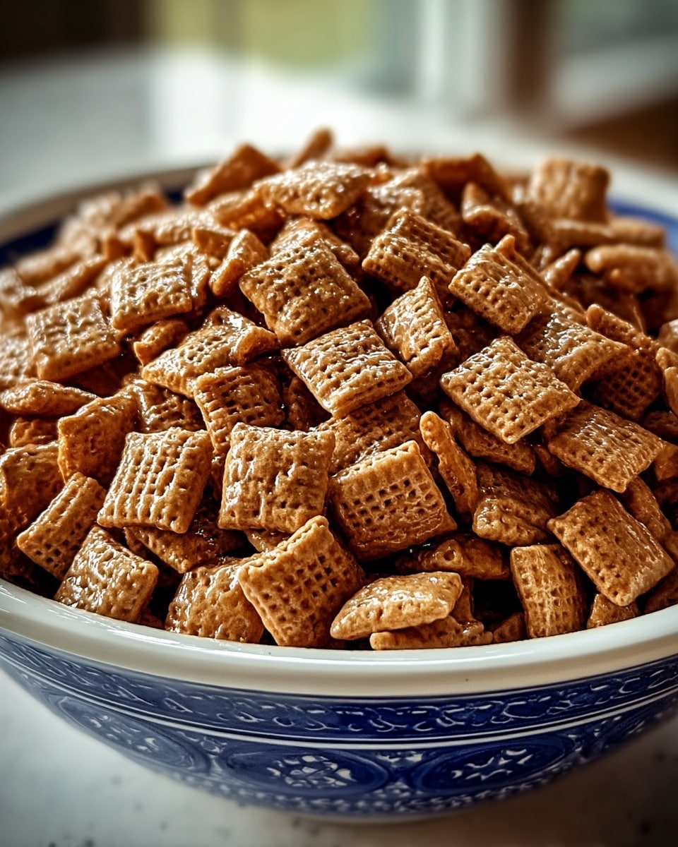 A close-up view of a white bowl filled to the top with small, square-shaped cereal pieces that have a shiny, caramel-brown color and a slightly textured surface resembling woven patterns. The cereal pieces form a rounded mound that overflows the bowl, creating a sense of abundance. The bowl has a dark blue decorative pattern along its outer edge, standing out against the white marbled texture background. The lighting highlights the glossy texture of the cereal, giving it a fresh and appetizing look. photo taken with an iphone --ar 4:5 --v 7