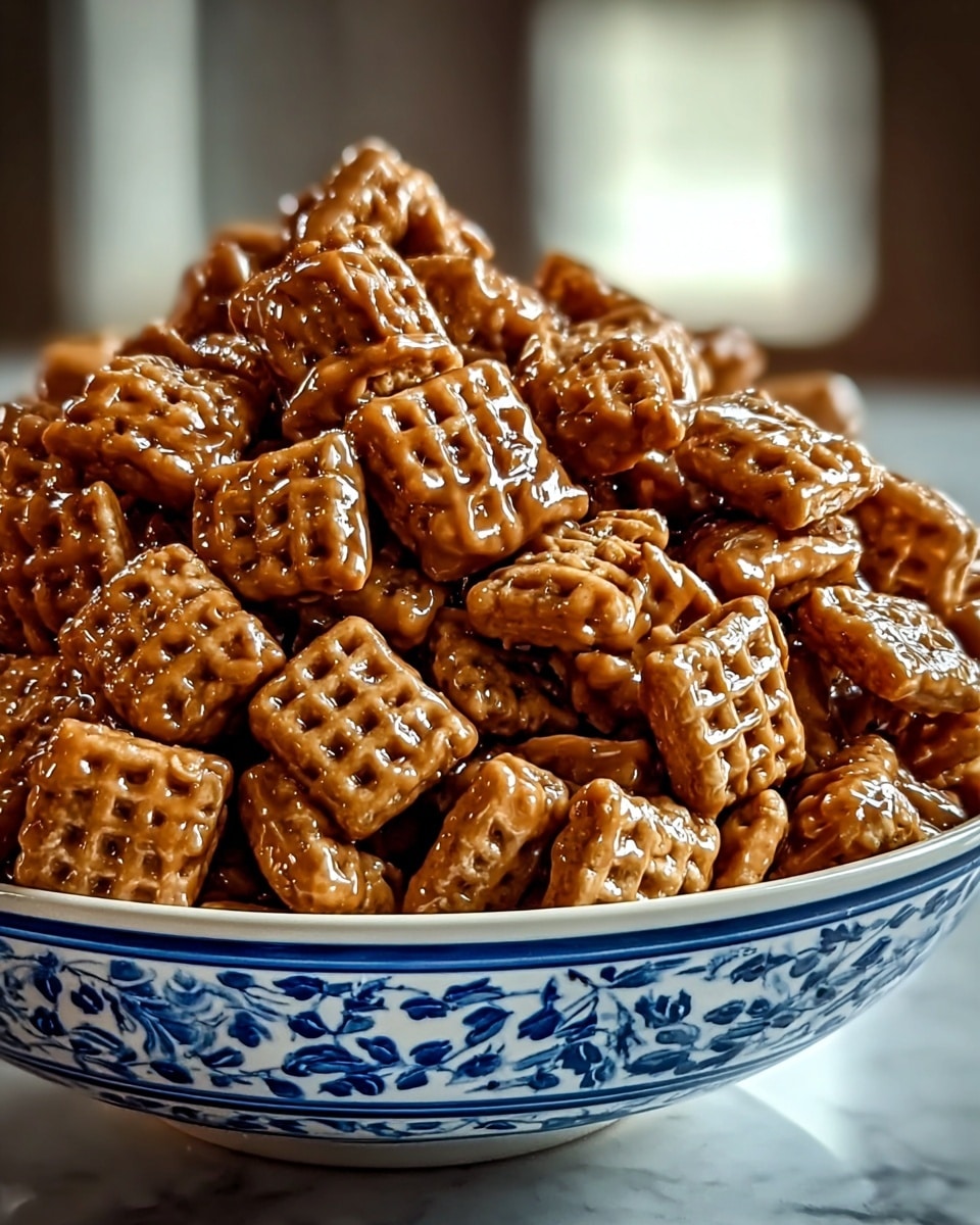 A close-up of a large pile of square cereal pieces coated in shiny, sticky caramel or chocolate glaze, filling a white bowl with blue patterns, the cereal pieces have a grid-like texture on their surface and are stacked high, creating a sense of abundance, all resting on a white marbled texture surface with a softly blurred background. photo taken with an iphone --ar 4:5 --v 7