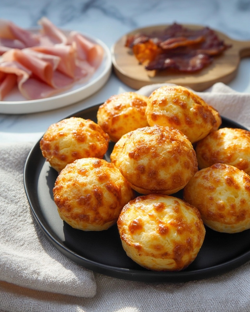 A black round plate holds about ten golden brown cheese puffs with a slightly crusty, textured top showing melted cheese patches. Around the plate, three more cheese puffs rest on a soft white cloth with a subtle texture. In the background, a white round plate contains thin slices of pink ham and darker reddish-brown crispy bacon pieces. The entire scene sits on a white marbled surface with natural light creating soft shadows. photo taken with an iphone --ar 4:5 --v 7