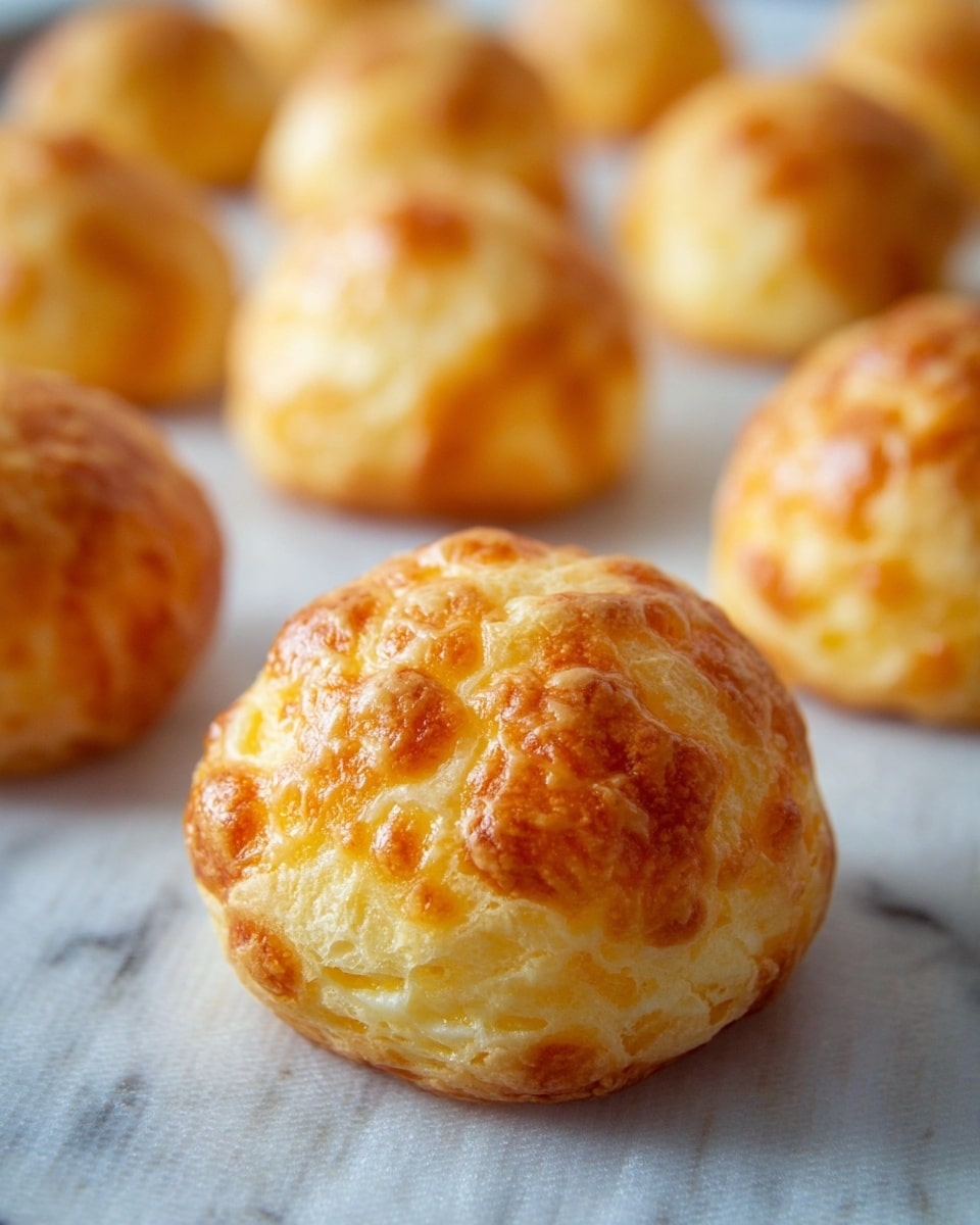The image shows round, golden-brown cheese puffs arranged in rows on a white marbled textured surface. Each puff has a slightly rough and uneven outer layer with melted, bubbly cheese patches giving a textured and crispy look. The front puff is in clear focus, showing a well-risen, soft, and airy interior under its crisp exterior, while the puffs in the background gradually blur, emphasizing the front one. photo taken with an iphone --ar 4:5 --v 7