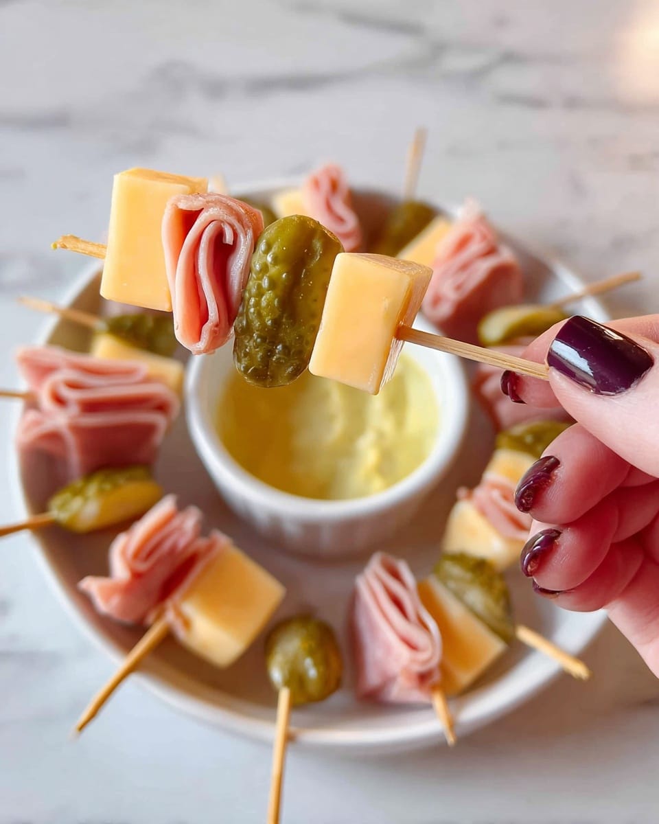 A close-up image shows a skewer held by a woman's hand with dark nail polish, featuring three layers: a yellow cube of cheese with a smooth texture, a middle layer of thin, wavy light pink ham, and a shiny green pickle on the end. The skewer is taken from a white round bowl that contains more skewers with the same ingredients, arranged in a circle around a small white ramekin filled with a creamy yellow sauce. The bowl is placed on a white marbled surface. photo taken with an iphone --ar 4:5 --v 7