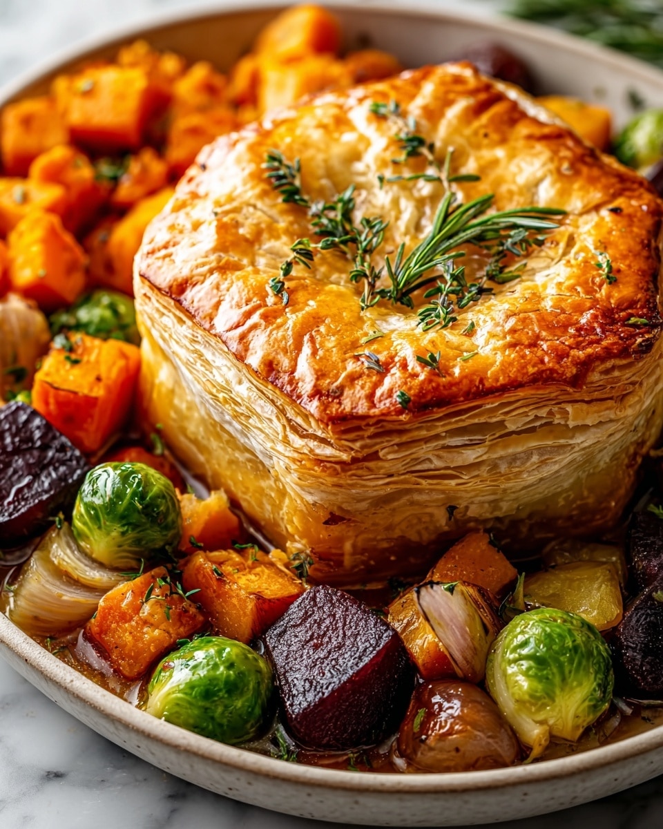 The image shows a round, golden-brown puff pastry pie with many flaky layers and a shiny, crisp crust on top, decorated with fresh green herbs like rosemary and thyme. The pie sits in the center of a shallow white bowl, surrounded by vibrant roasted vegetables including orange cubed sweet potatoes, bright green whole and halved Brussels sprouts, and chunks of browned onions and dark purple beets. The vegetables have a glistening, slightly oily texture and are mixed with small bits of herbs, resting in a light sauce. The background surface is a white marbled texture. photo taken with an iphone --ar 4:5 --v 7