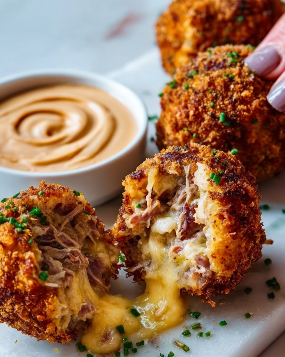 The image shows three golden-brown, crispy fried balls placed on a white marbled surface. One ball is cut open, revealing a gooey, stretchy melted cheese filling mixed with shredded meat. The outer crust is crunchy and textured with breadcrumbs. Small green chopped herbs are sprinkled on top for color. Behind the balls, there is a small white bowl filled with a smooth, creamy beige dipping sauce with a swirl on top. A woman's hand is holding one of the balls. The setting is bright and clean. photo taken with an iphone --ar 4:5 --v 7