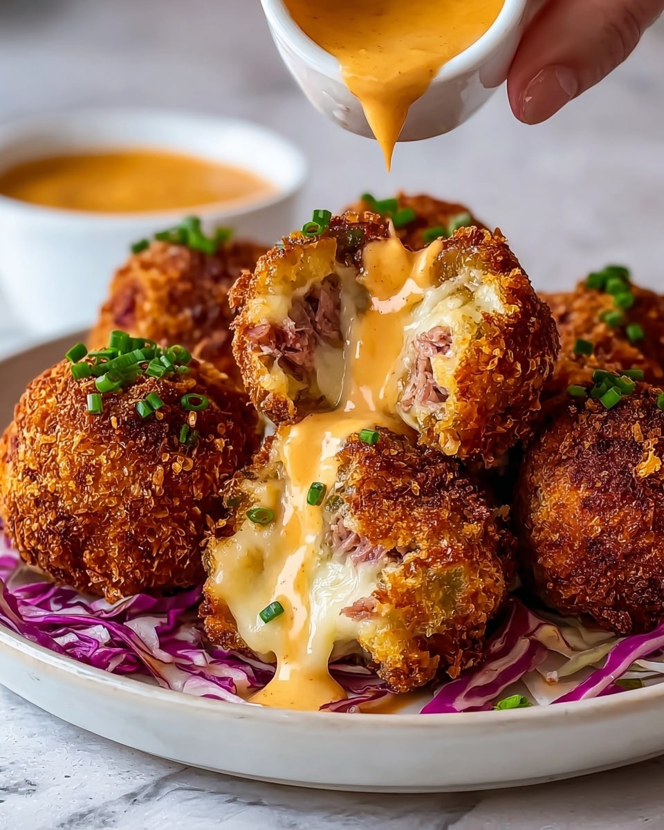 The image shows crispy, golden-brown fried balls with a crunchy texture on the outside, each topped with small pieces of green chives. One ball is cut open, revealing melted white cheese and shredded meat inside, with a creamy orange sauce oozing out and flowing onto thinly sliced purple and white cabbage underneath. The balls are arranged on a white plate with the cabbage on the bottom. In the background, there is a small white bowl filled with thick, smooth orange sauce, and above it, a woman's hand is dripping the same sauce. The whole scene is set against a white marbled texture. photo taken with an iphone --ar 4:5 --v 7