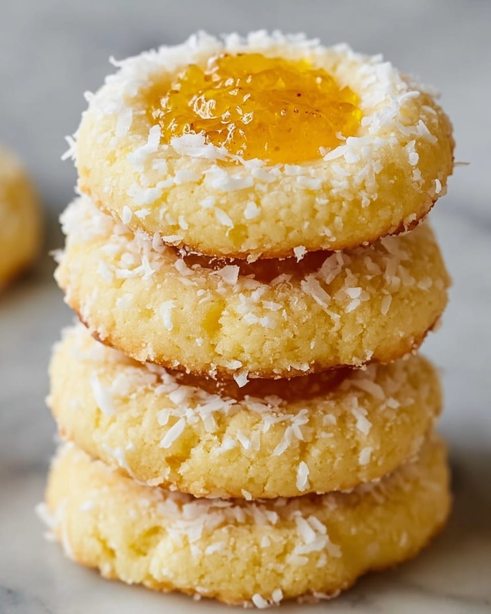 A stack of five round thumbprint cookies is shown, each cookie having a pale yellow color with a soft, crumbly texture. Each cookie is sprinkled with white shredded coconut on the surface. The top cookie has a central dollop of bright yellow, glossy jam filling, which looks smooth and slightly translucent. The cookies are arranged directly on a white marbled surface, with the edges of the cookies slightly browned, showing a gentle crispness. Photo taken with an iphone --ar 4:5 --v 7