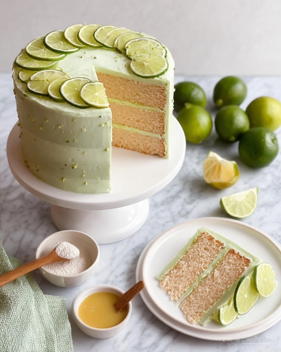 A three-layer cake with light beige sponge and creamy light green frosting covers the entire cake smoothly. The top of the cake is decorated with thin lime slices arranged evenly around the edge. The inside layers clearly show two thin layers of light yellow filling between the sponge layers. A single slice is cut and placed on a white plate to the right, also topped with lime slices and light green frosting. The cake stands on a white cake stand set on a white marbled surface with whole and halved limes, a wooden spoon with white powder, a small bowl of yellow sauce, and a green towel nearby. photo taken with an iphone --ar 4:5 --v 7