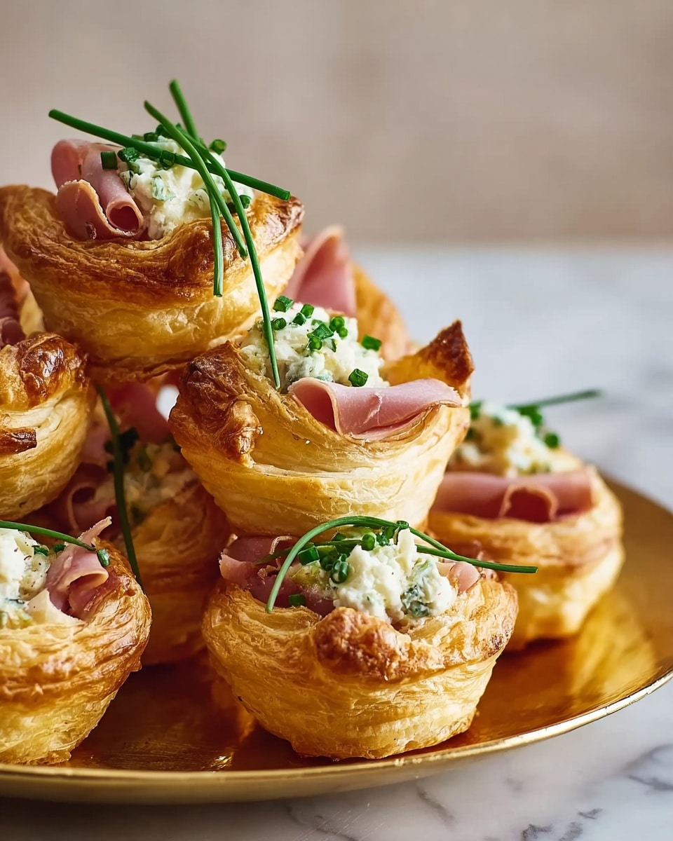 A close-up of several golden-brown puff pastry cups stacked together on a shiny gold plate, each cup filled with a creamy white cheese mixture speckled with green herbs, topped with thin slices of pink ham and a small bunch of fresh green chives, against a soft, blurred background and white marbled surface. photo taken with an iphone --ar 4:5 --v 7