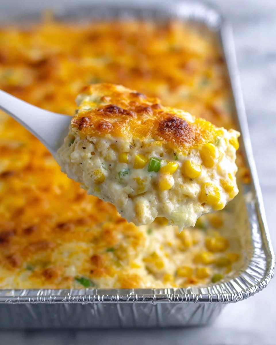 A close-up of a creamy corn casserole being lifted with a white spoon from a silver foil baking dish. The dish shows one thick layer of yellow corn mixed with small green pepper pieces and a creamy white sauce. The top has a golden brown color from melted cheese, with a slightly bubbly, browned texture. The background is a white marbled surface. photo taken with an iphone --ar 4:5 --v 7