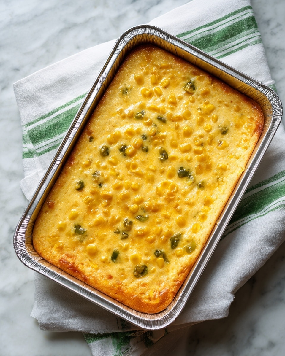 A rectangular aluminum tray holds a casserole with a creamy, golden-yellow top layer studded with bright yellow corn kernels and small pieces of green jalapeño peppers, creating a speckled texture. The casserole surface looks smooth and slightly glossy, with hints of a baked crust forming around the edges. The tray rests on a white cloth with green stripes, all placed on a white marbled texture surface. photo taken with an iphone --ar 4:5 --v 7