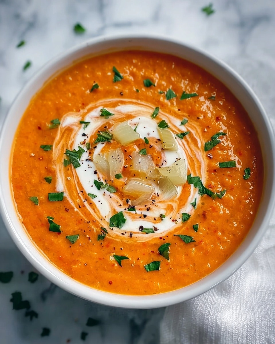 The image shows a white bowl filled with thick orange soup, topped with a swirl of white cream in the center. On top of the cream, there are translucent cooked onion pieces and small chopped green herbs scattered around. The bowl is placed on a white marbled surface with a bit of a white cloth visible on the side. The soup's surface has a smooth and slightly chunky texture with some black pepper flakes. Photo taken with an iphone --ar 4:5 --v 7