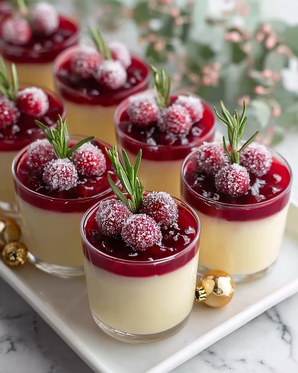 Seven clear glass cups filled with two visible layers: a smooth pale yellow pudding base and a thick, shiny, red berry sauce on top. Each cup is garnished with several frosted cranberries covered in sugar crystals, which add a sparkling texture, and a small bright green sprig of rosemary standing upright in the center. The glasses are arranged on a white rectangular tray with a few small shiny gold ornaments scattered around. The background has a white marbled texture and blurred pale green leaves with tiny pink flowers. photo taken with an iphone --ar 4:5 --v 7