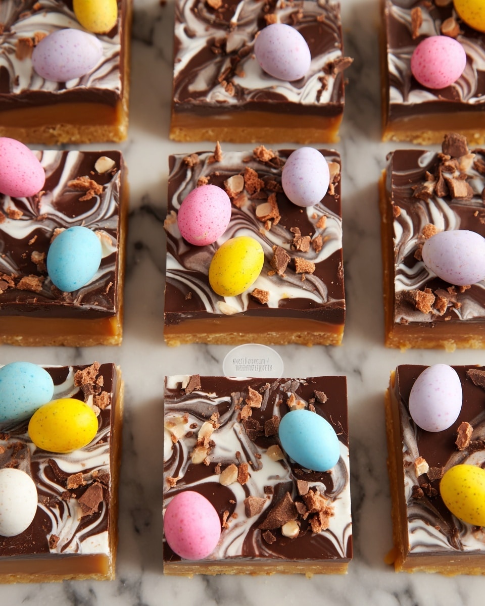 The image shows nine square-shaped layered treats arranged in a grid on a white marbled surface. Each treat has three layers: a thick golden caramel base at the bottom, a smooth dark chocolate middle layer with white chocolate swirls creating a wavy pattern, and a topping of colorful candy eggs in pastel pink, blue, yellow, and white, scattered with small crushed chocolate bits. The top chocolate layer looks glossy and slightly textured with the candy eggs placed unevenly on each square. photo taken with an iphone --ar 4:5 --v 7