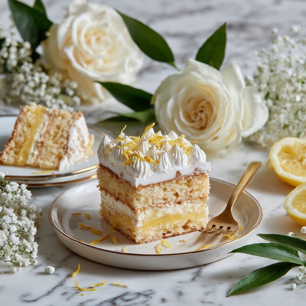 A square slice of lemon meringue cake sits on a round white plate with a gold rim, showing three visible layers: a pale yellow cake base, a light yellow lemon filling in the middle, and fluffy white meringue on top with small peaks scattered evenly, sprinkled with thin lemon zest pieces. A small piece of cake is cut and placed on a gold fork resting on the plate. The plates rest on a white marbled surface adorned with white baby's breath flowers, a white rose in full bloom, fresh lemon wedges, and green leaves, creating a fresh and delicate setting. A woman’s hand holds a golden fork with a bite-sized piece of cake on it near the plate. photo taken with an iphone --ar 4:5 --v 7