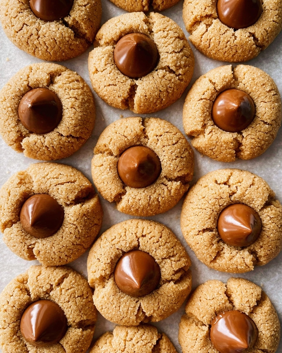 A close-up view of about fifteen round peanut butter cookies with a soft, cracked texture in light golden brown. Each cookie has one shiny milk chocolate drop pressed into its center, creating a two-layer look: the rough matte cookie base with a smooth, glossy chocolate top. They are arranged closely on a white marbled surface, filling the frame evenly with no gaps. Photo taken with an iphone --ar 4:5 --v 7