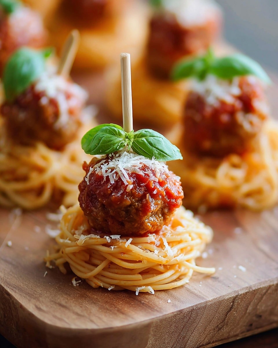The image shows small nests of cooked spaghetti with a light orange color, each nest topped with a round, brownish-red meatball covered in red tomato sauce. On top of the meatballs, there is a sprinkle of white grated cheese and two fresh green basil leaves, all held together with a small wooden toothpick standing upright in the center. The nests and meatballs are placed on a wooden board with a natural brown texture. The background is softly blurred with more of the spaghetti nests and meatballs visible. Photo taken with an iphone --ar 4:5 --v 7