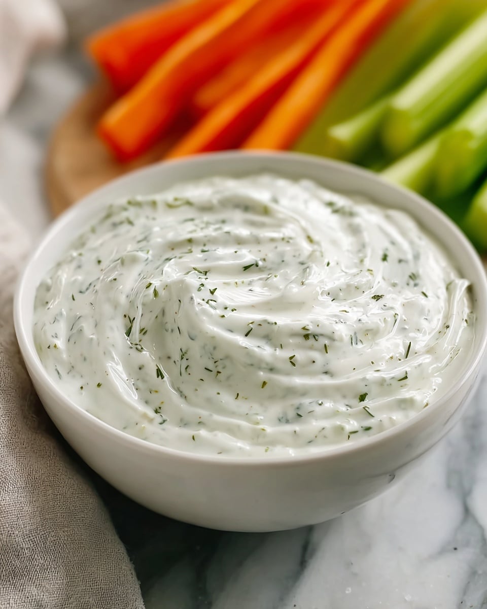 A close-up of a white bowl filled with a creamy white dip, speckled with small green herbs spread evenly throughout the surface, showing smooth swirls and a soft texture. In the background, colorful strips of vegetables including orange carrot sticks and green celery sticks are slightly blurred, resting on a white marbled surface. The bowl sits on a light-colored cloth that adds a soft texture under it. photo taken with an iphone --ar 4:5 --v 7