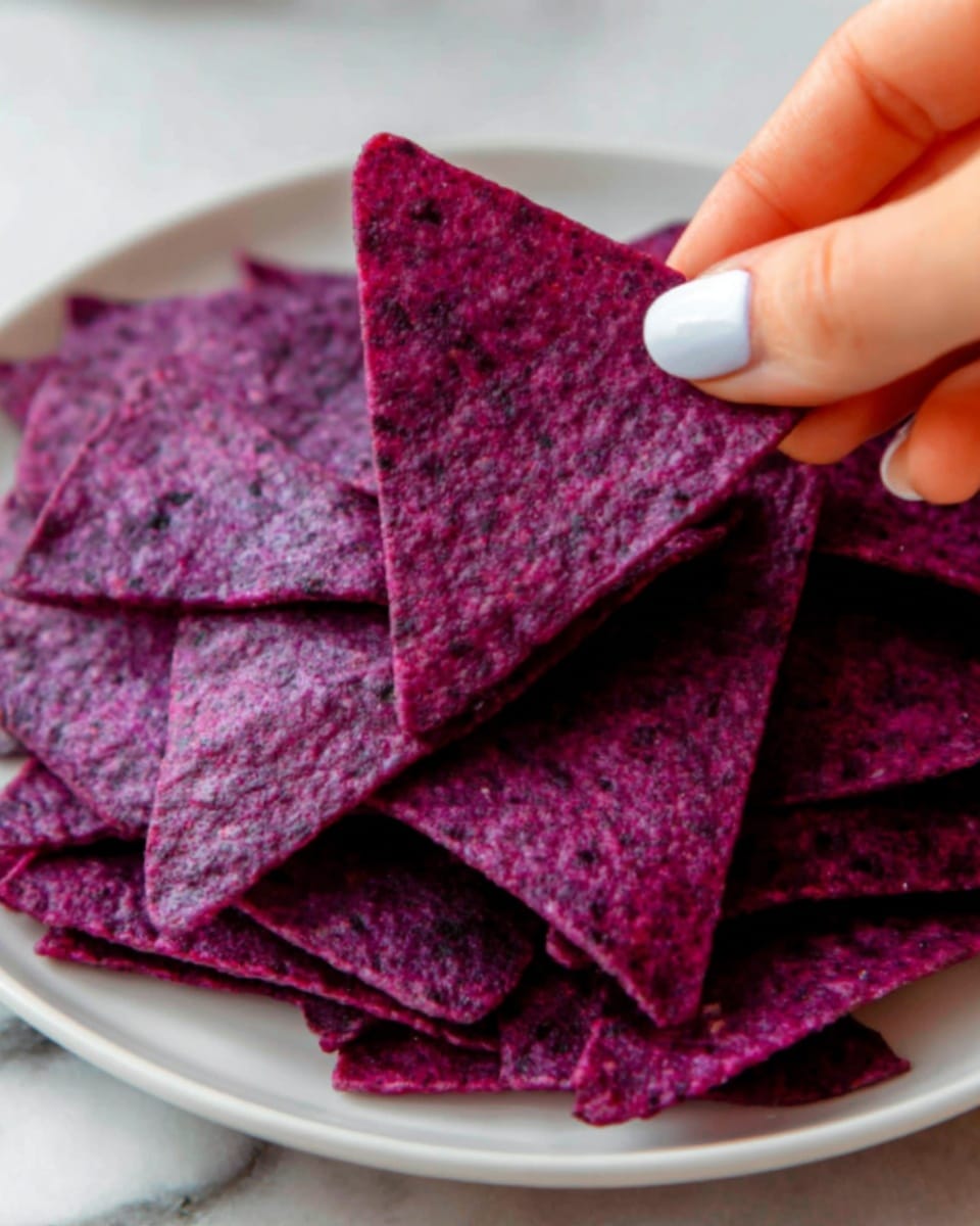 The image shows a close-up of a white plate filled with triangular purple chips that have a rough texture. The chips are stacked in layers, with some overlapping each other, and their color is a deep bright purple with specks of darker areas. A woman's hand with light-colored nail polish is holding one of the chips delicately from the top right corner of the image. The background surface is a white marbled texture. photo taken with an iphone --ar 4:5 --v 7