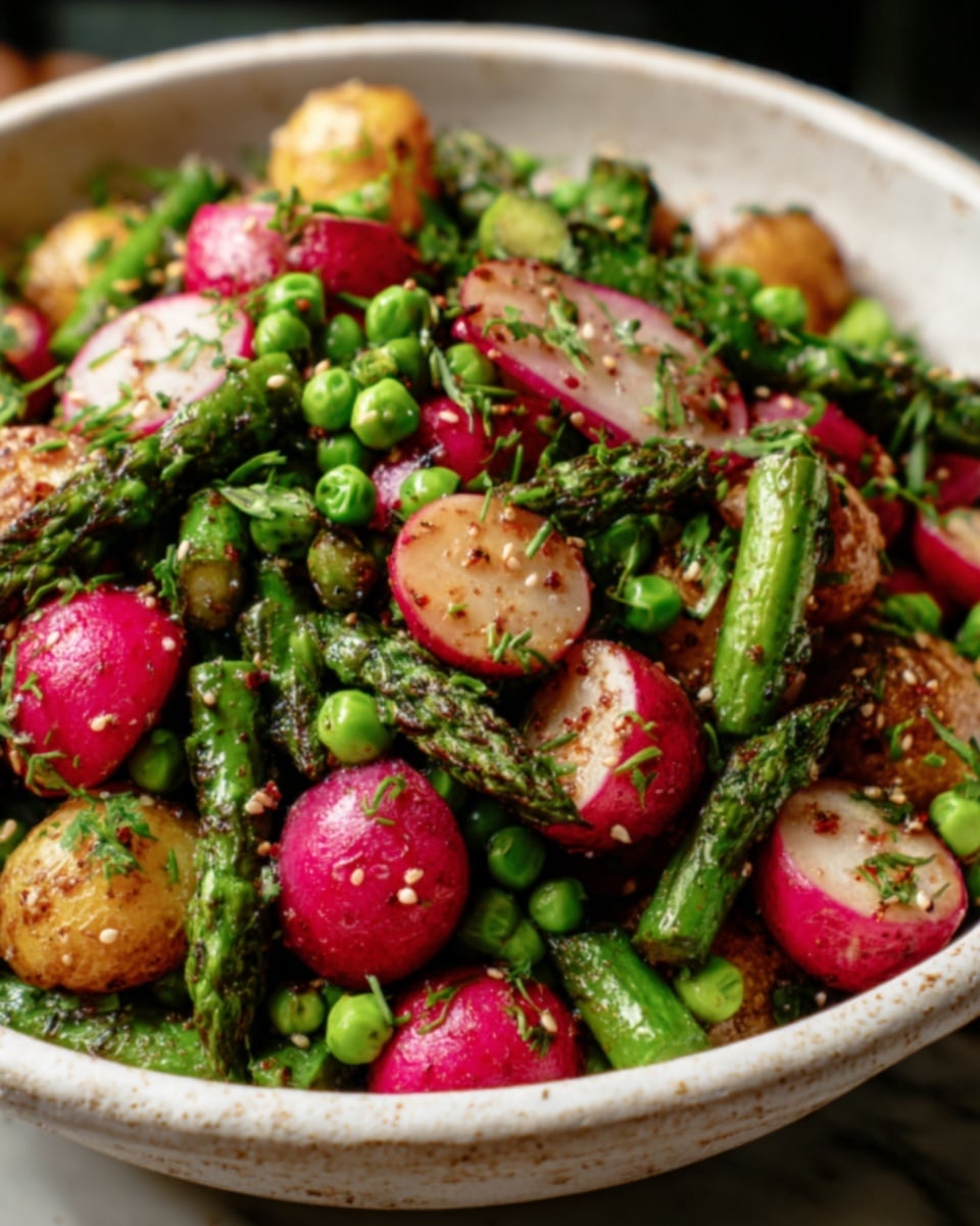 The image shows a close-up of a salad in a deep white bowl placed on a white marbled surface. The salad has multiple layers, starting with bright green peas and charred green asparagus at the bottom. On top, there are halved radishes with a bright pink outer skin and white centers. Mixed throughout are golden-brown roasted baby potatoes with a crispy texture. The salad is sprinkled with a grainy mix of mustard seeds and finely chopped green herbs, giving it a fresh and colorful look. photo taken with an iphone --ar 4:5 --v 7