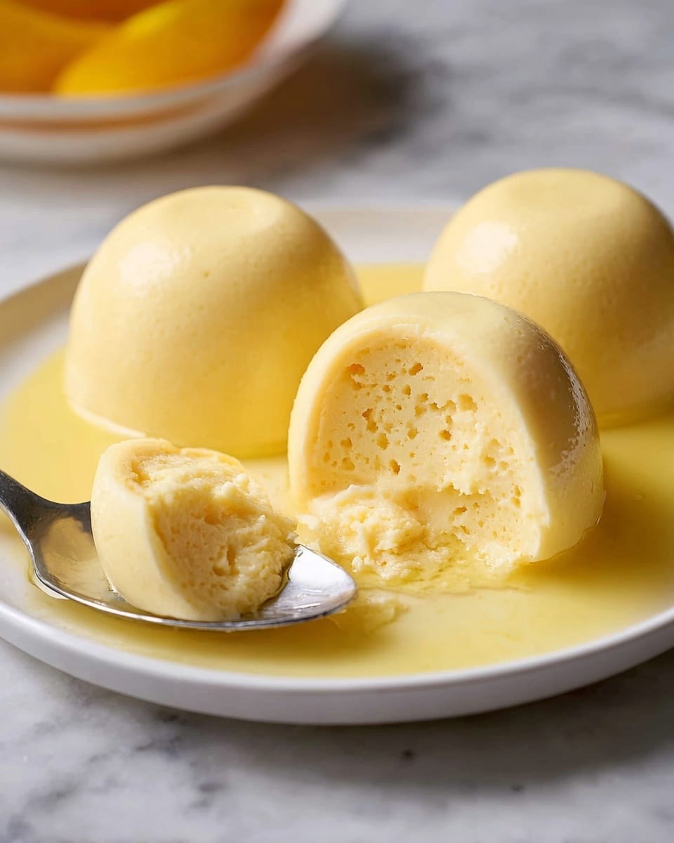 Three smooth, shiny yellow dome-shaped desserts sit on a white round plate, each covered with a thick, creamy off-white sauce that drips down the sides, pooling a little on the plate. Behind the plate, there is a white bowl filled with more of the creamy sauce, and to the left, a fresh mango cut into cubes with bright yellow flesh is placed on a white marbled surface. The lighting makes the desserts look glossy and fresh. photo taken with an iphone --ar 4:5 --v 7