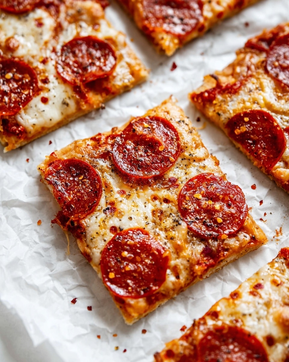 A close-up view of several square slices of pepperoni pizza laid on crinkled white parchment paper over a white marbled surface. Each slice has three layers: a light golden thin crust base with a slightly crispy edge, a middle layer of melted, creamy white mozzarella cheese with some browning and bubbling, and a top layer of reddish-brown pepperoni slices glistening with oils and slightly curled edges, sprinkled with black pepper and crushed red chili flakes. The cheese shows a stretch and slight melting around the pepperoni, adding texture and richness to the overall look. Photo taken with an iphone --ar 4:5 --v 7