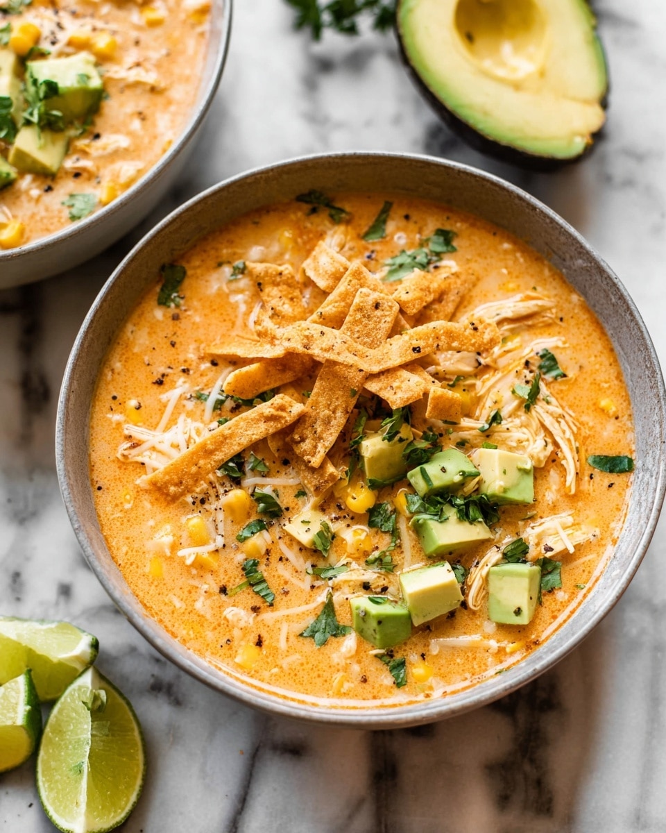 A gray bowl filled with creamy, light orange soup mixed with visible shredded white chicken and golden corn. On top, there are thin, light brown crispy strips layered in the center, along with small, chunky cubes of bright green avocado scattered around. There is also shredded cheese and chopped green herbs sprinkled across the surface, along with freshly ground black pepper. The bowl sits on a white marbled surface with lime halves and some extra avocado cubes and crispy strips nearby. Photo taken with an iphone --ar 4:5 --v 7