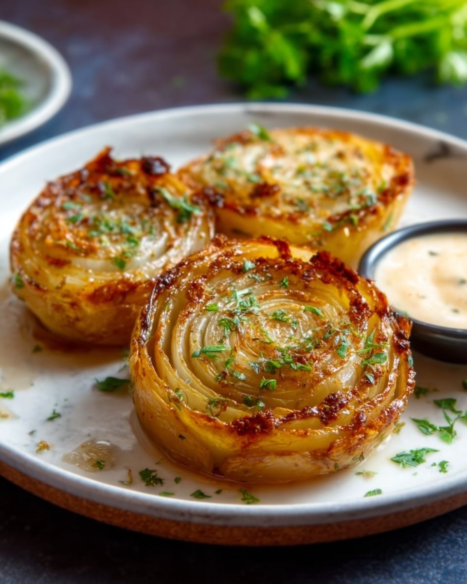 The image shows two thick cabbage steaks, each with many layers of light green and pale yellow leaves. The outer edges are nicely browned and crispy, with some charred spots adding a rich texture. Small green herb sprinkles are scattered on top, giving a fresh look. The cabbage steaks sit on a white plate, and in the background, there is a small bowl with a creamy sauce that is light orange in color. The overall setting is on a white marbled surface which adds a clean feel to the image. photo taken with an iphone --ar 4:5 --v 7