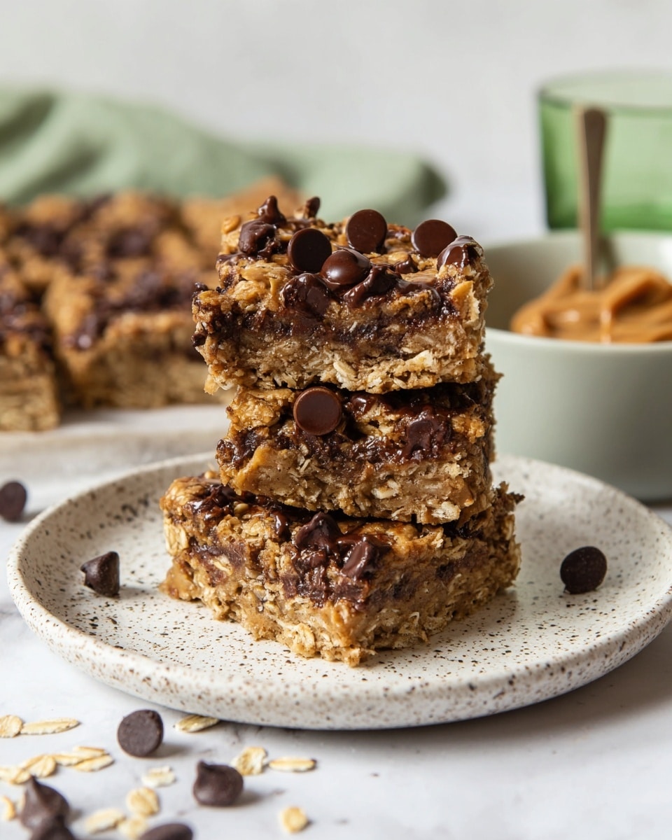 The image shows a stack of three thick oat and chocolate chip bars on a white speckled plate, placed on a white marbled surface. Each bar has a dense, chewy texture with visible oats and gooey melted dark chocolate chips inside and on top. The top bar has a few whole chocolate chips sitting on it, while loose chocolate chips are scattered around the plate. The background includes a blurred bowl of peanut butter with a spoon and a green glass, adding to the cozy, homemade feel. photo taken with an iphone --ar 4:5 --v 7