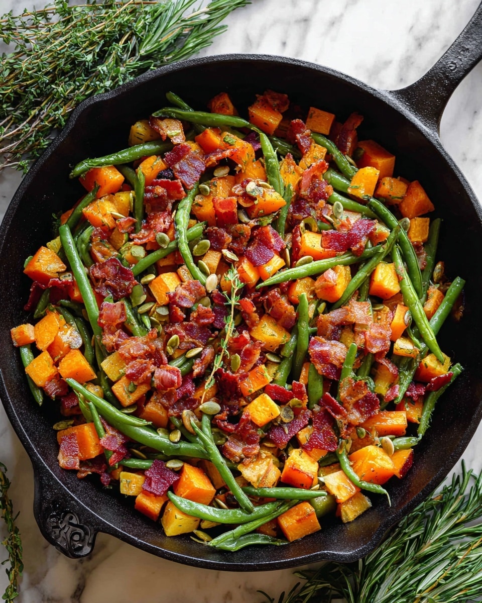 A black cast iron pan filled with a colorful mix of roasted vegetables and crispy bacon pieces. The bottom layer shows bright orange cubes of roasted butternut squash with a slightly charred, soft texture. Interspersed on top and throughout the squash are long, green beans that add a fresh, slightly wrinkled look. Scattered over the top are small, crunchy pumpkin seeds and pieces of crispy, reddish-brown bacon that add a rich, savory contrast. The pan is set on a white marbled surface with sprigs of fresh green rosemary and thyme nearby. Photo taken with an iphone --ar 4:5 --v 7