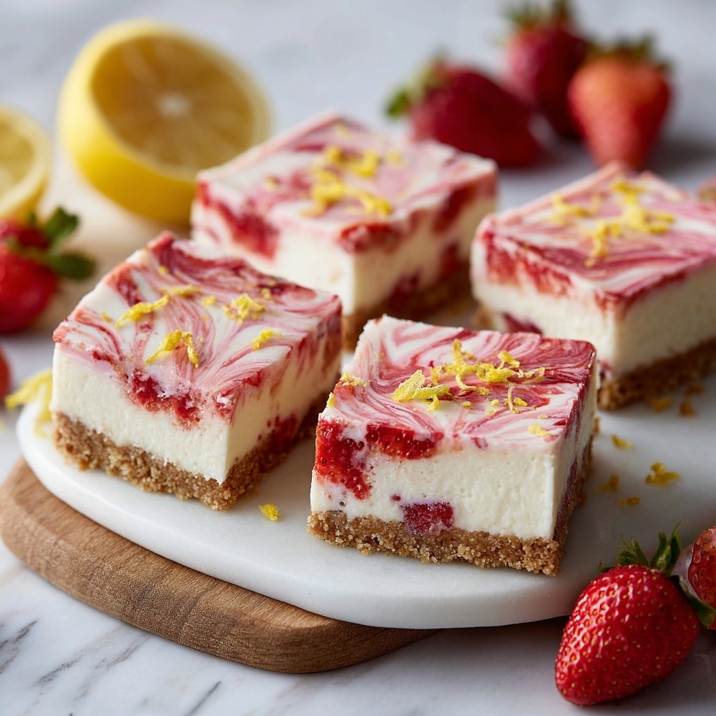 The image shows a square slice of a creamy dessert on a white plate, placed on a white marbled surface. The dessert has three layers: a crumbly brown base at the bottom, a thick white middle layer with pieces of fresh strawberries embedded inside, and a top layer with swirled red and white patterns that look like strawberry sauce mixed with cream. The top is also decorated with small pieces of lemon zest. A whole ripe strawberry with its green leaf is placed next to the dessert on the plate. Photo taken with an iphone --ar 4:5 --v 7