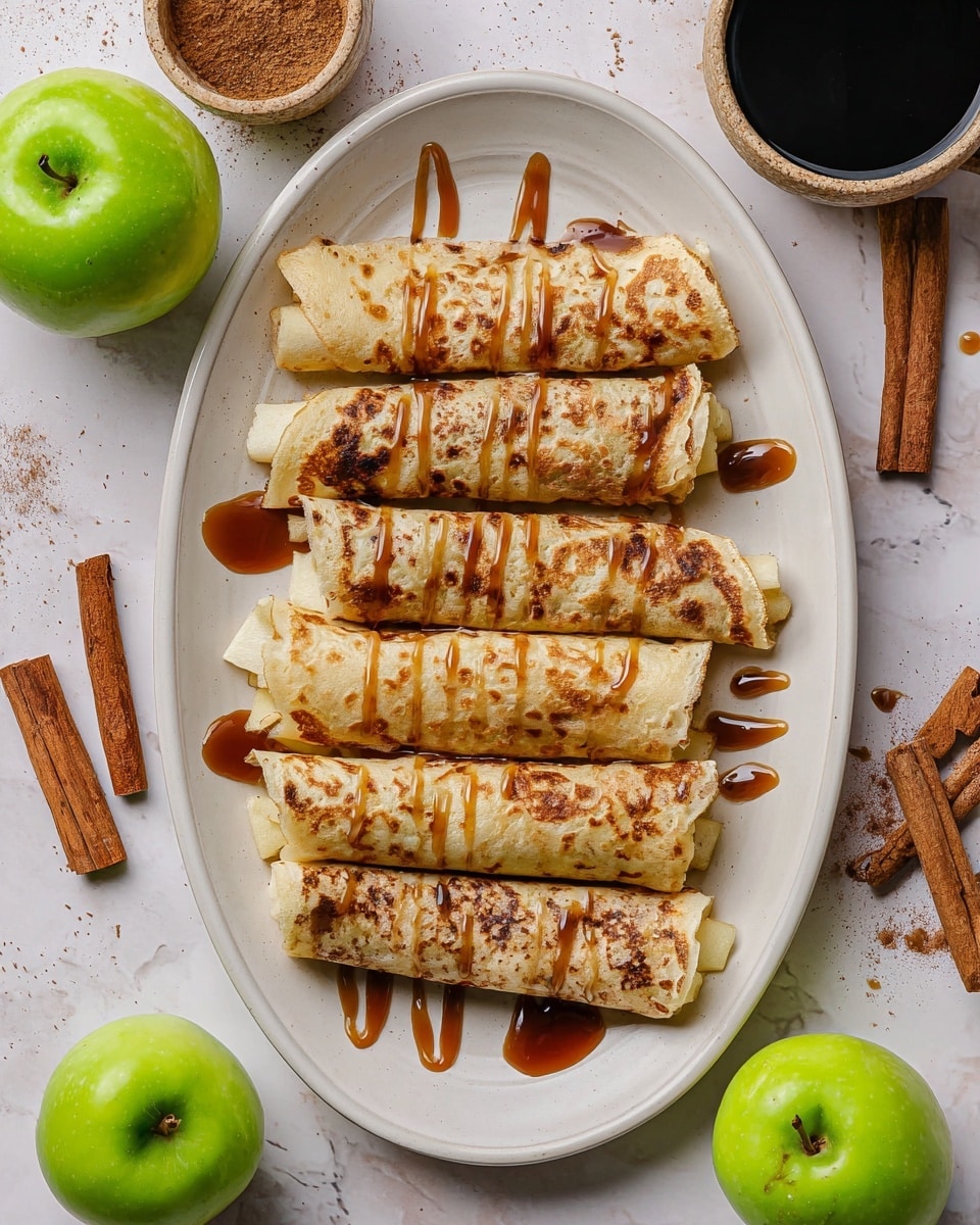 Four thin rolled crepes are placed side by side on a white oval plate. Each crepe is golden-brown with scattered darker brown spots and is drizzled with shiny caramel sauce in irregular vertical lines. Around the plate, there are green apples, quartered and whole, along with cinnamon sticks, a small bowl of ground cinnamon, and a small ceramic cup filled with a dark syrupy liquid. The setting is on a white marbled surface. photo taken with an iphone --ar 4:5 --v 7