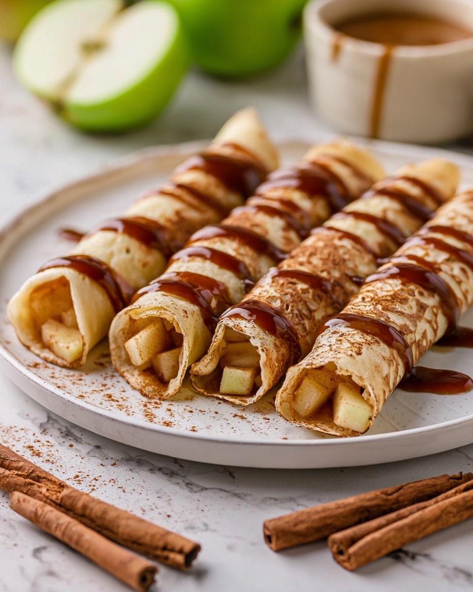 Four rolled crepes filled with small pieces of cooked apple are placed closely on a white plate. The crepes are light beige with some brown specks and are drizzled with a glossy dark brown caramel sauce on top. The apple filling inside is soft and golden brown, showing through the open ends of the crepes. The plate rests on a white marbled surface with two cinnamon sticks in the foreground. In the blurred background, there is a brown drizzled cream container and halves of green apples. Photo taken with an iphone --ar 4:5 --v 7