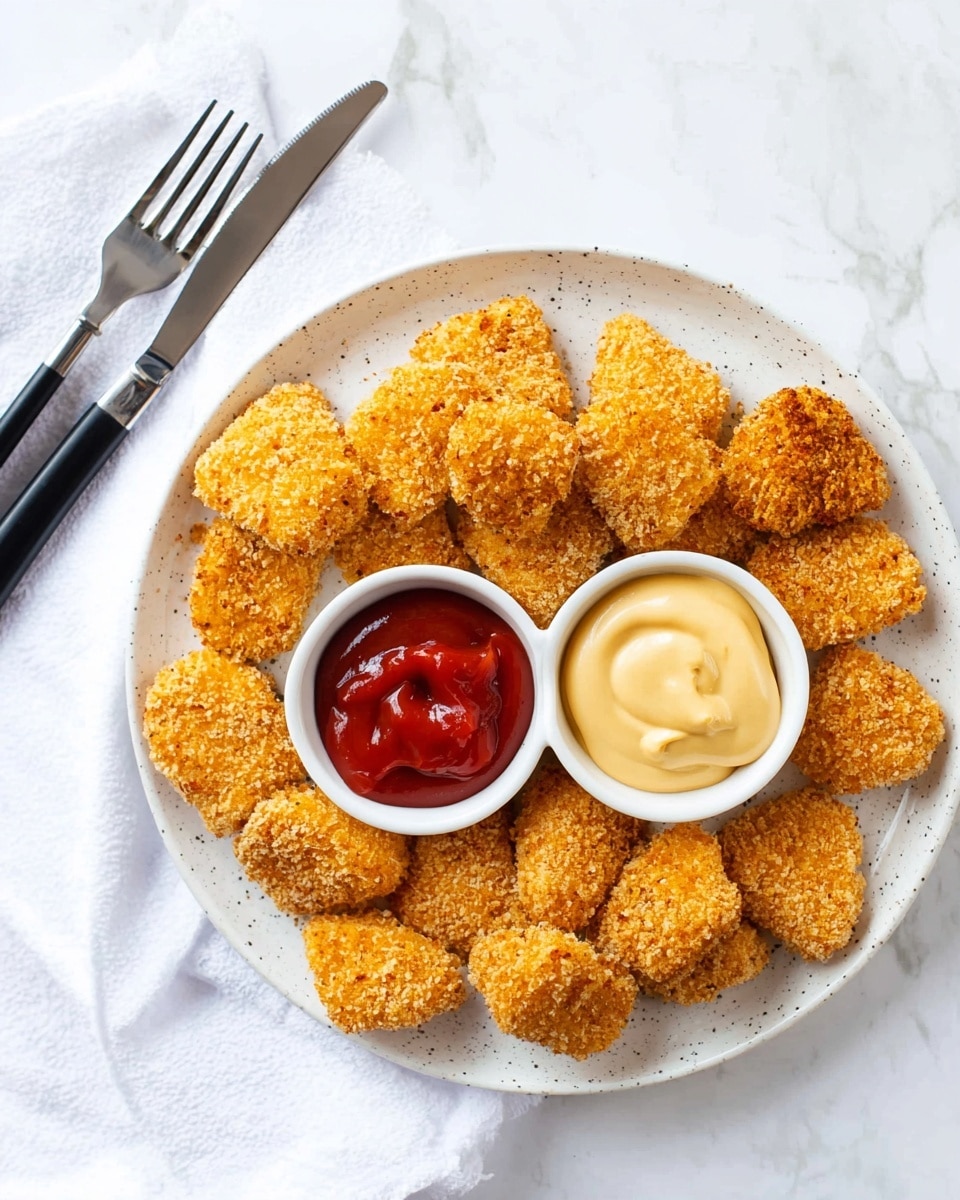 The image shows a white speckled plate filled with crispy golden-brown breaded chicken nuggets arranged in a circle around two small white bowls at the center; one bowl contains smooth red ketchup and the other has creamy pale yellow mustard sauce. The nuggets have a crunchy texture with an uneven coating. To the left of the plate, there are a silver fork and knife with black handles resting on a white cloth, all placed on a white marbled surface. photo taken with an iphone --ar 4:5 --v 7
