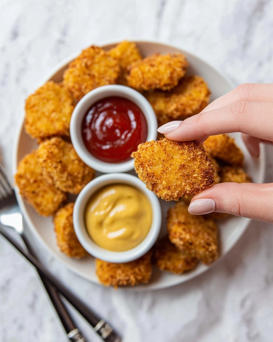 A close-up view of a woman's hand holding one small, golden-brown, crispy breaded nugget between the thumb and index finger. Behind the nugget, there is a white round plate filled with many more nuggets arranged around two small white bowls in the center, one with red ketchup and the other with light yellow mustard sauce. The plate is set on a white marbled surface, and two black chopsticks with silver tips rest beside it. The overall look is warm and inviting with a focus on the crunchy texture of the nuggets. photo taken with an iphone --ar 4:5 --v 7