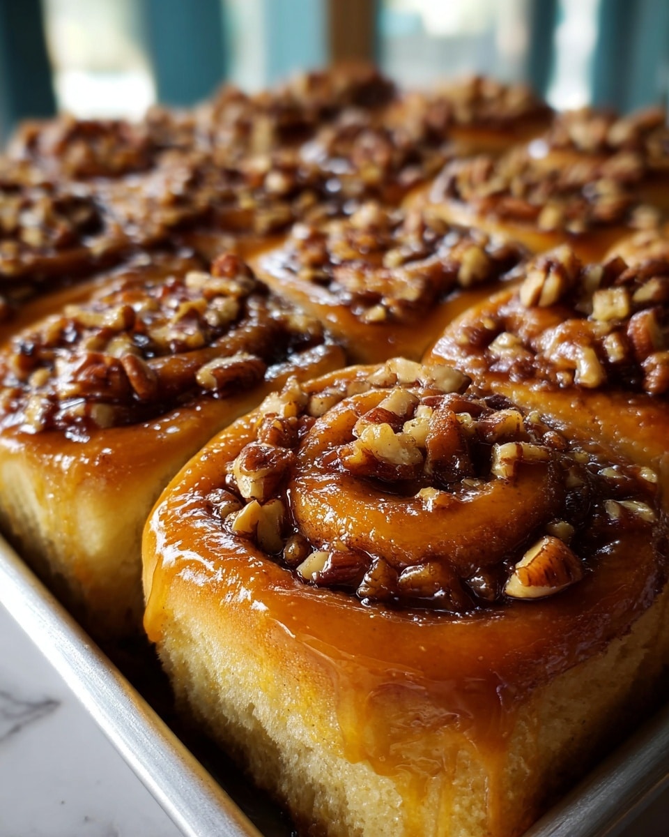 A close-up view of soft cinnamon rolls arranged tightly in a silver tray, showing one roll in sharp focus at the front. Each roll has a thick golden-brown dough base with a visible spiral of cinnamon sugar. The top layer is glossy with sticky caramel glaze that drips slightly down the sides, sprinkled generously with chopped nuts that are dark brown and textured. The background is a soft blur with natural light from windows, all placed on a white marbled texture. photo taken with an iphone --ar 4:5 --v 7