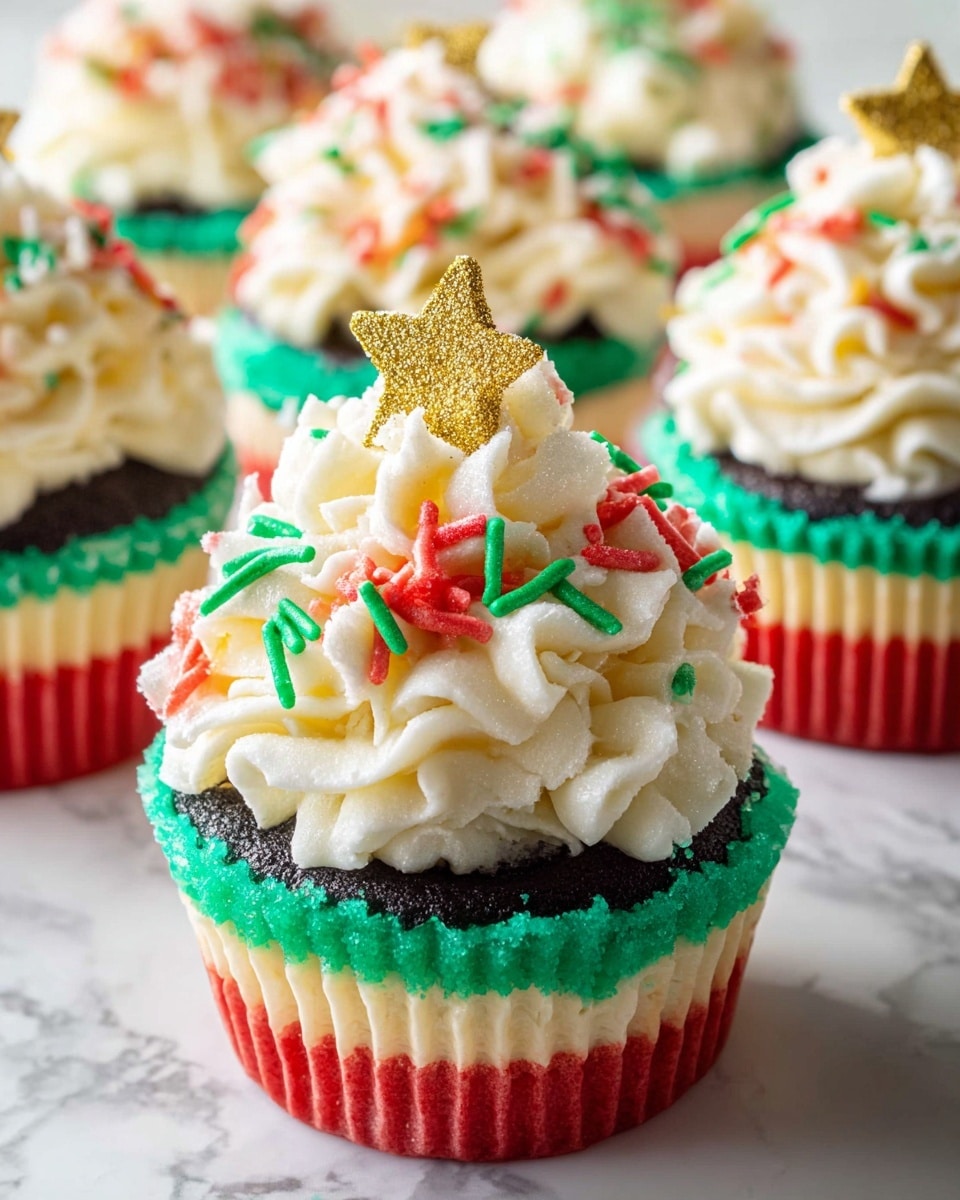 The image shows a close-up of a festive cupcake with five colorful layers at the base: black at the bottom, followed by cream, red, green, and a thin green top layer of frosting clinging to the cupcake liner. On top of this base, there is a thick, swirled layer of white whipped cream frosting, topped with red, green, and gold sprinkles scattered across the frosting. A small gold star-shaped sprinkle sits at the peak of the whipped cream. Several similar cupcakes are blurred in the background, all placed on a white marbled surface. photo taken with an iphone --ar 4:5 --v 7