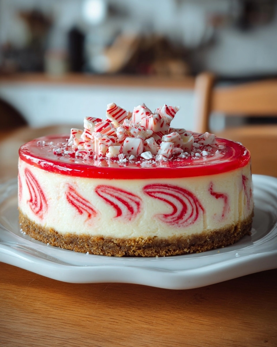 A round three-layer cheesecake sits on a white plate with a gently scalloped edge. The bottom layer is a thick, crumbly brown crust. The middle layer is a creamy white cheesecake mixed with bright red swirls that create wave and circle patterns inside. The top layer is a glossy red topping covering the entire surface, decorated with pieces of white and red peppermint candies scattered all over. The plate is placed on a wooden table with a soft-focus kitchen background. photo taken with an iphone --ar 4:5 --v 7