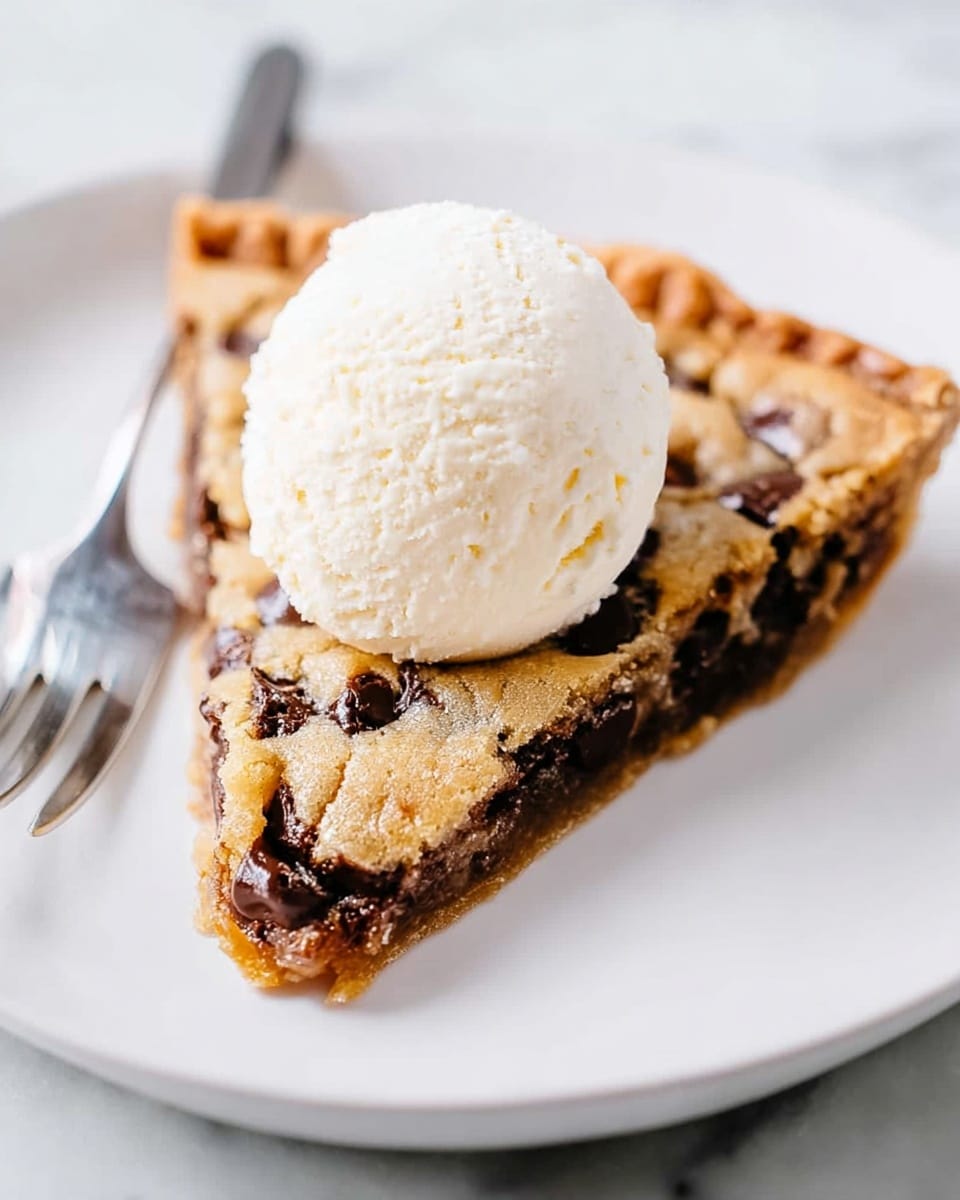 A triangular slice of chocolate chip cookie pie with a golden-brown crust and visible melty dark chocolate chips scattered in the dense, slightly gooey cookie dough layer is placed at the center of a white plate. On top of the cookie slice is a perfectly rounded scoop of creamy vanilla ice cream, which is smooth and soft with slight melting around the edges. The white plate holding the dessert rests on a white marbled surface, with a silver fork positioned to the left side of the plate. photo taken with an iphone --ar 4:5 --v 7
