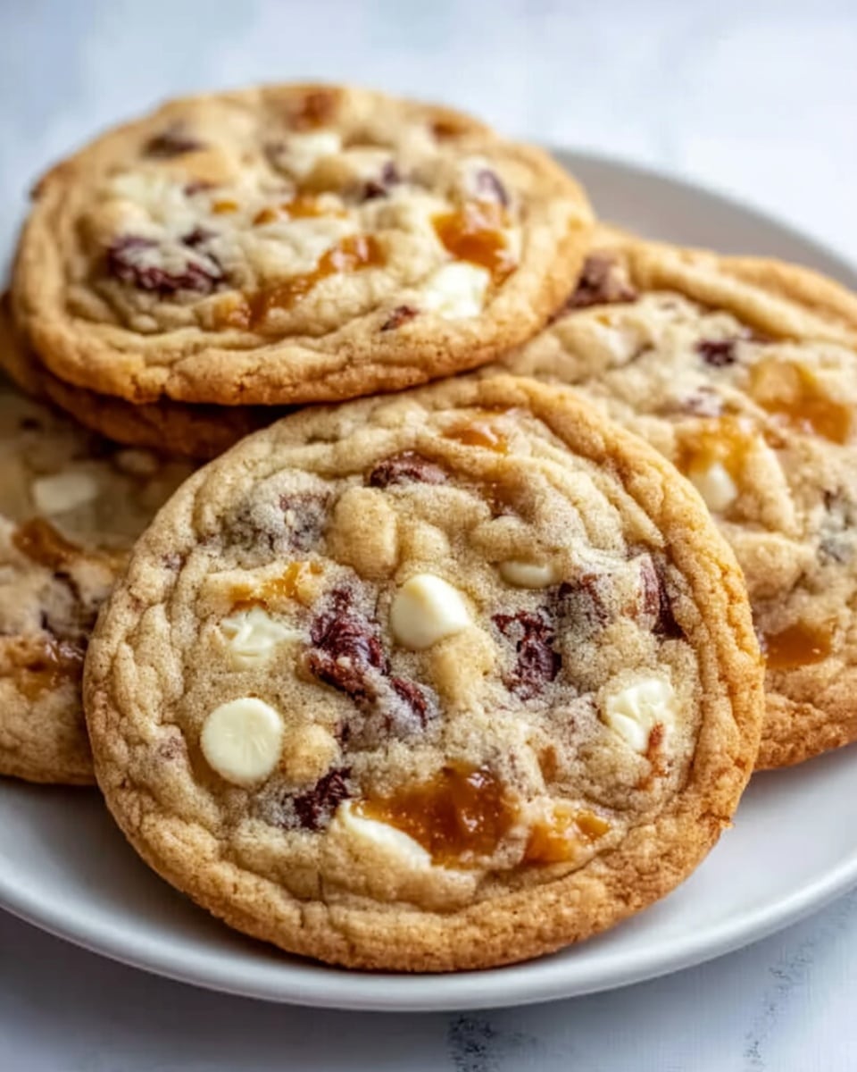 A close-up of four large cookies stacked on a white plate, showing a soft and chewy texture with a slightly crispy edge. The cookies have a light golden brown base with visible swirls of melted white chocolate, dark chocolate chips, and chunks of caramel, creating a mix of creamy, dark, and amber tones. The plate rests on a white marbled surface, giving a clean and bright look to the image. The cookies’ rich mix of colors and textures, with gooey spots and crispy bits, make them look freshly baked and very inviting. Photo taken with an iphone --ar 4:5 --v 7