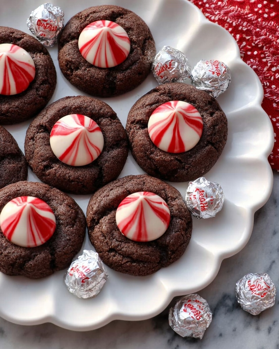 The image shows a group of round chocolate cookies on a white marbled surface, each cookie having one red and white striped peppermint candy placed in a small indentation in the center. The cookies are dark brown with a slightly cracked texture. Scattered around the cookies are unwrapped peppermint candies in shiny silver wrappers with red text and designs. The overall look is festive and neat, with the bright red and white candies contrasting against the dark cookies. photo taken with an iphone --ar 4:5 --v 7