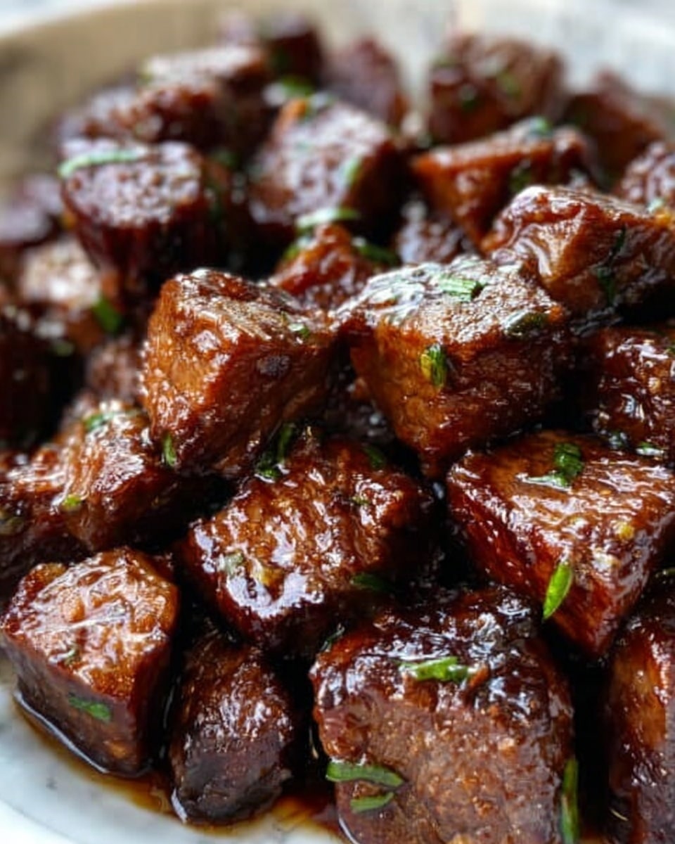 The image shows many small, bite-sized pieces of cooked meat with a shiny, dark brown glaze on their surface. The meat pieces have a slightly rough, textured look, with some showing slight charring or caramelization. A few small green herbs are scattered on top, adding a touch of color contrast to the deep brown meat. The pieces are packed closely together, filling the frame, and the background is a soft white marbled texture. photo taken with an iphone --ar 4:5 --v 7